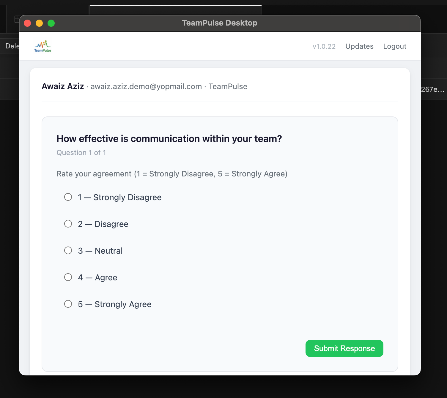 Employee response question in TeamPulse desktop app