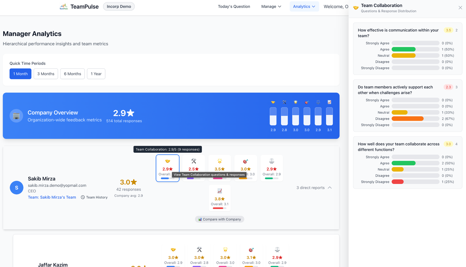 Manager analytics dashboard with team collaboration drilldown